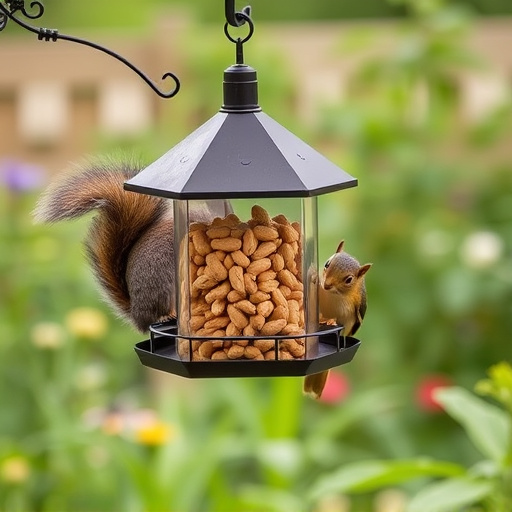Squirrel-proof peanut feeder hanging in garden