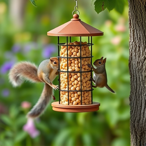Squirrel-proof peanut feeder in garden