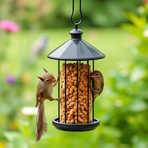 Squirrel-proof peanut feeder in garden