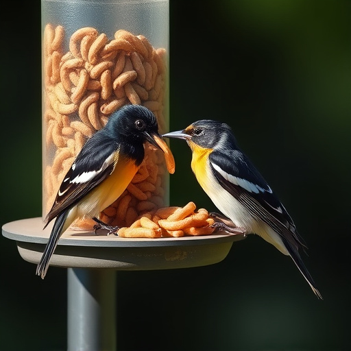 Starlings eating dried mealworms outdoors