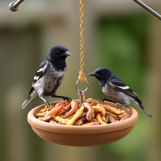 Starlings eating dried mealworms outdoors