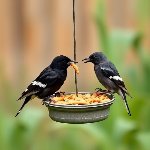 Starlings eating dried mealworms outdoors