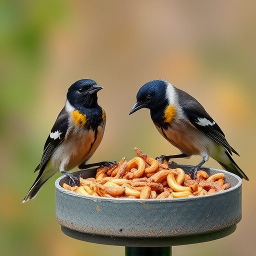 Starlings eating dried mealworms outdoors