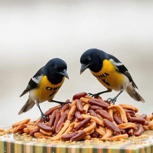 Starlings eating dried mealworms outdoors