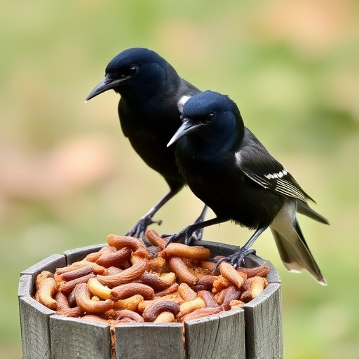 Starlings eating dried mealworms outdoors
