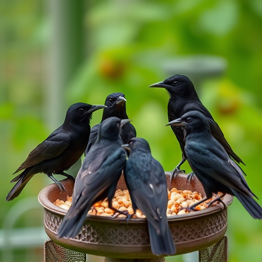 Starlings gathering near food dish