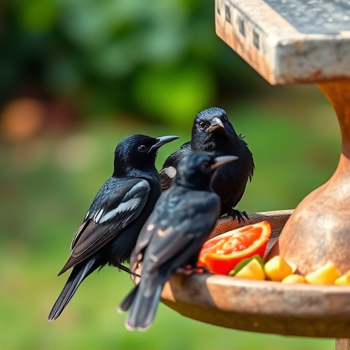 Starlings gathering near food dish