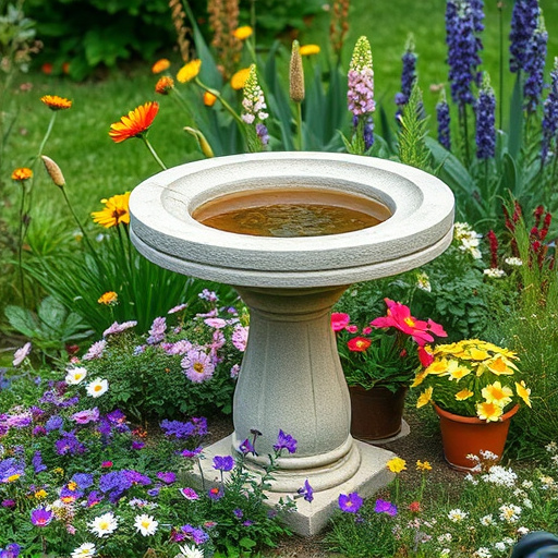 Stone bird bath surrounded by wildflowers
