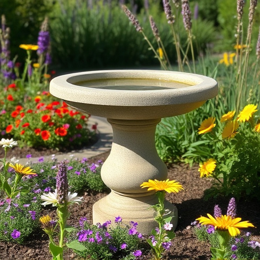 Stone bird bath surrounded by wildflowers