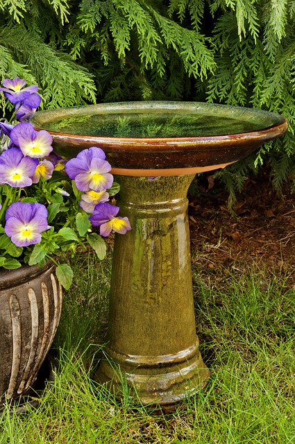 Stone bird bath surrounded by wildflowers