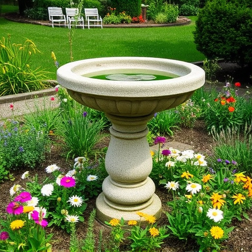 Stone bird bath surrounded by wildflowers