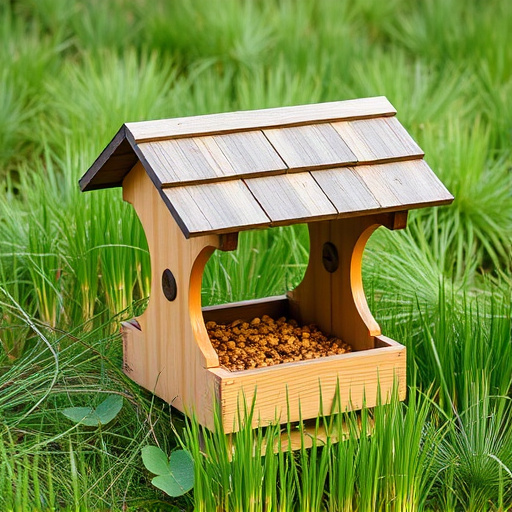 Sturdy roofed feeder surrounded by grass