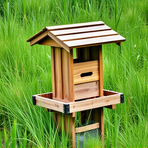 Sturdy roofed feeder surrounded by grass