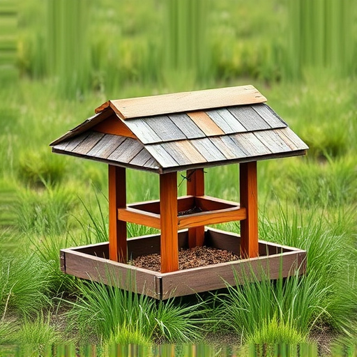 Sturdy roofed feeder surrounded by grass