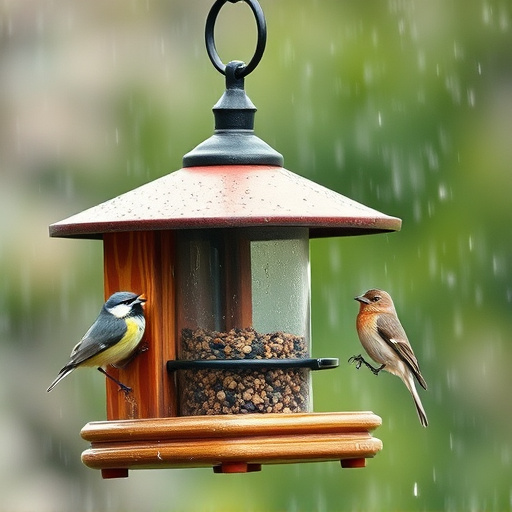 Sturdy weatherproof bird feeder in rain