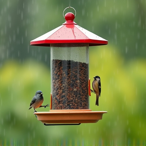 Sturdy weatherproof bird feeder in rain