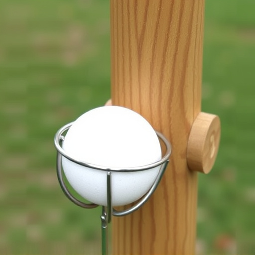 Suet ball holder attached to wooden post
