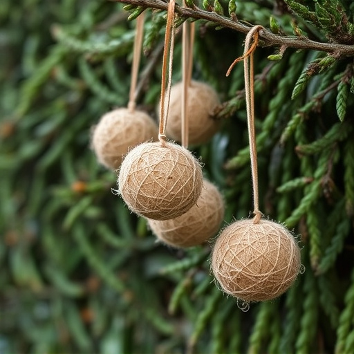 Suet balls hanging near hedgerow plants