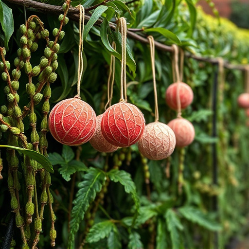 Suet balls hanging near hedgerow plants