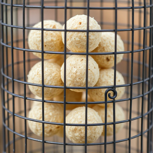 Suet balls stacked inside wire feeder cage