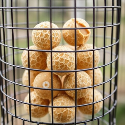 Suet balls stacked inside wire feeder cage