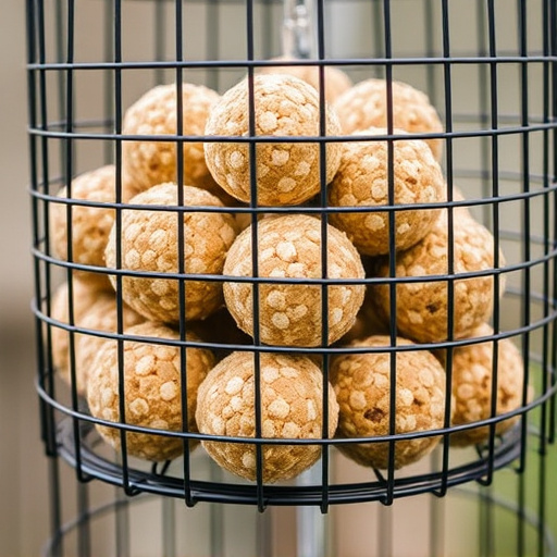 Suet balls stacked inside wire feeder cage
