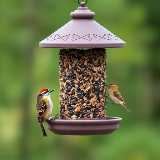 Suet-filled feeder attracting small songbirds