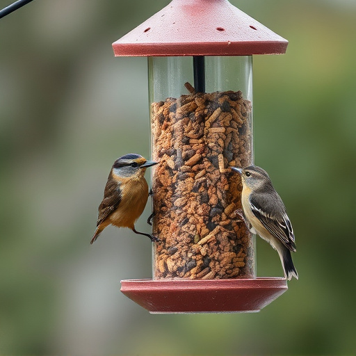 Suet-filled feeder attracting small songbirds
