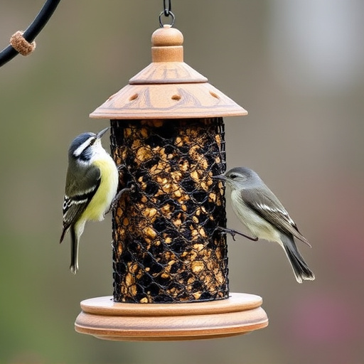 Suet-filled feeder attracting small songbirds