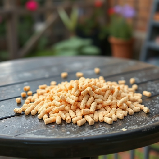 Suet pellets scattered on garden table