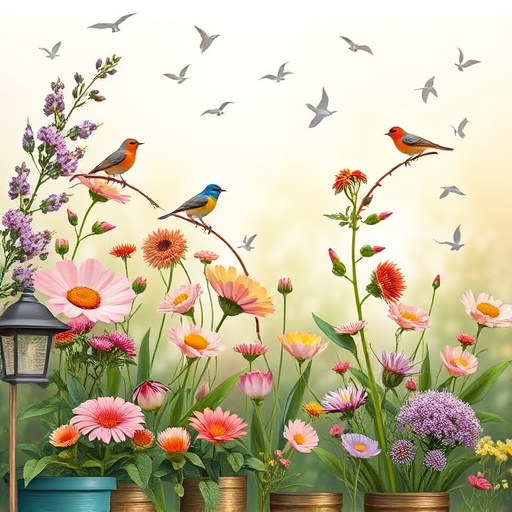 Summer flowers with birds nearby