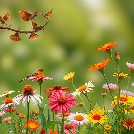 Summer flowers with birds nearby