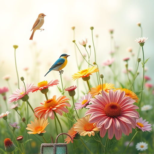 Summer flowers with birds nearby