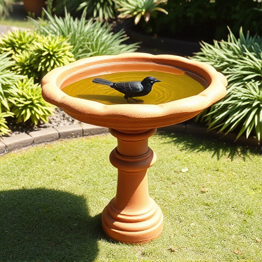 Terracotta bird bath with clear reflection