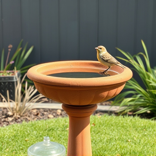 Terracotta bird bath with clear reflection