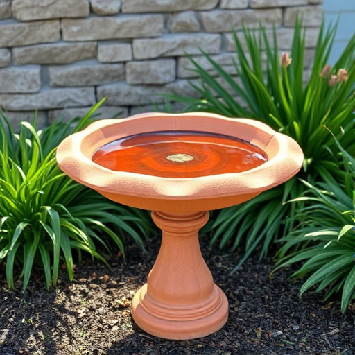 Terracotta bird bath with clear reflection