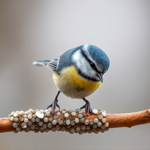Tiny blue tit pecking suet pellets