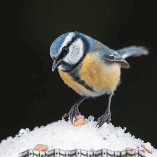 Tiny blue tit pecking suet pellets