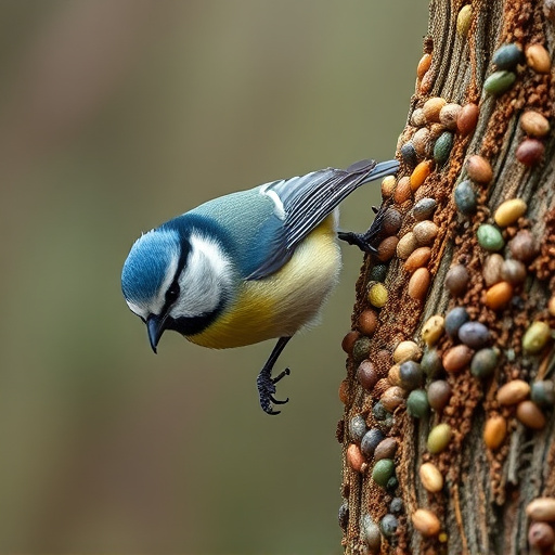 Tiny blue tit pecking suet pellets