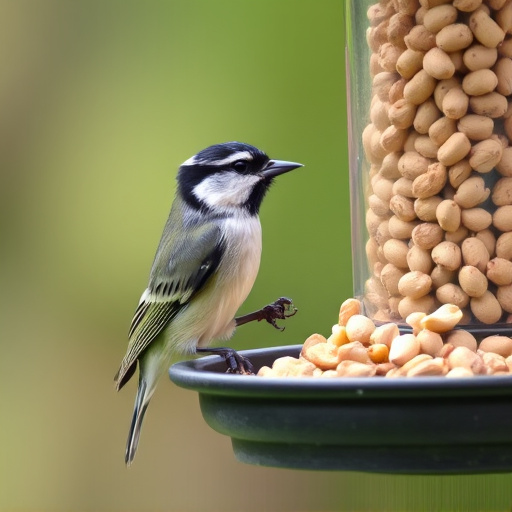 Tit bird feeding from peanut feeder