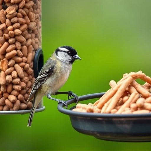 Tit bird feeding from peanut feeder