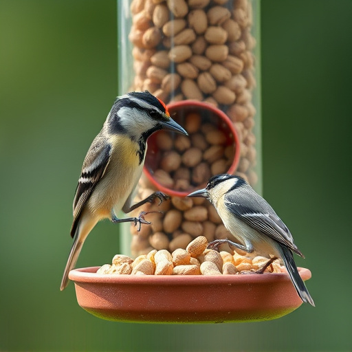 Tit bird feeding from peanut feeder