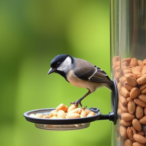 Tit bird feeding from peanut feeder