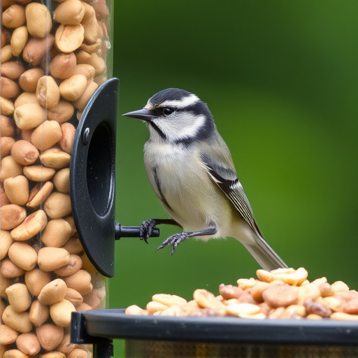 Tit bird feeding from peanut feeder