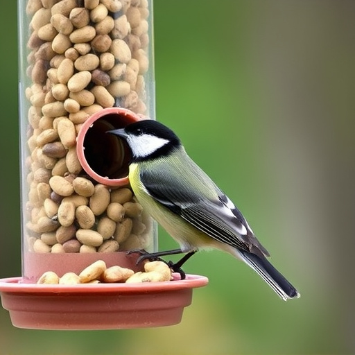 Tit bird feeding from peanut feeder