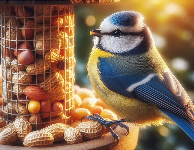 Tit bird feeding from peanut feeder