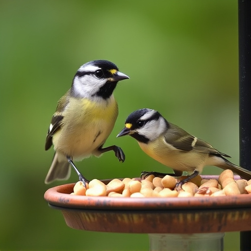 Tit bird feeding from peanut feeder
