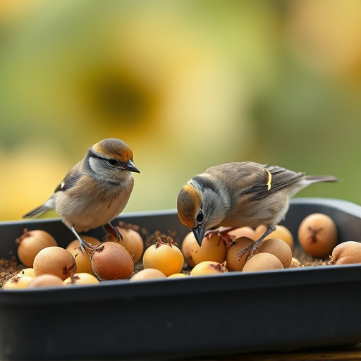 Tits feeding from tray of sunflower hearts