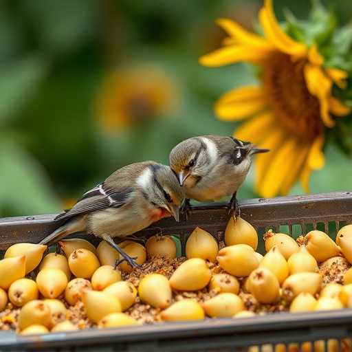 Tits feeding from tray of sunflower hearts