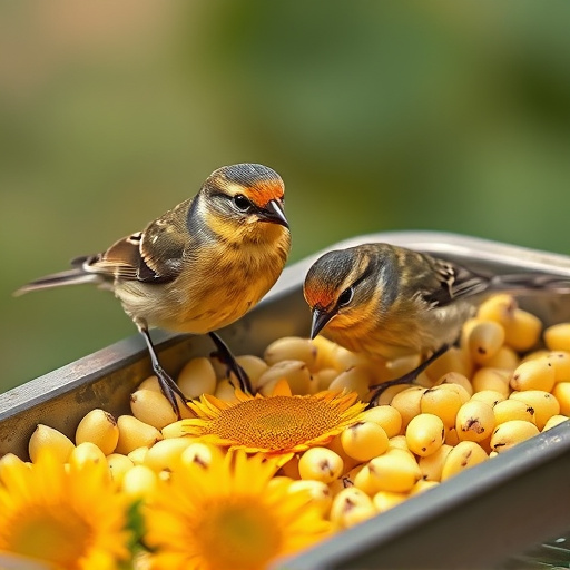 Tits feeding from tray of sunflower hearts